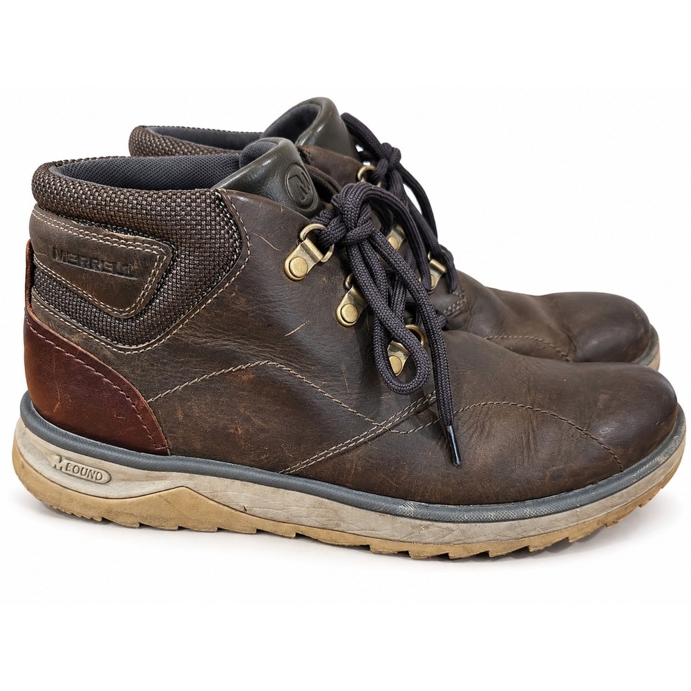 Merrell Boulder Mens 7.5 Brown Leather Ankle Hiking Boots Select Grip Lace Up